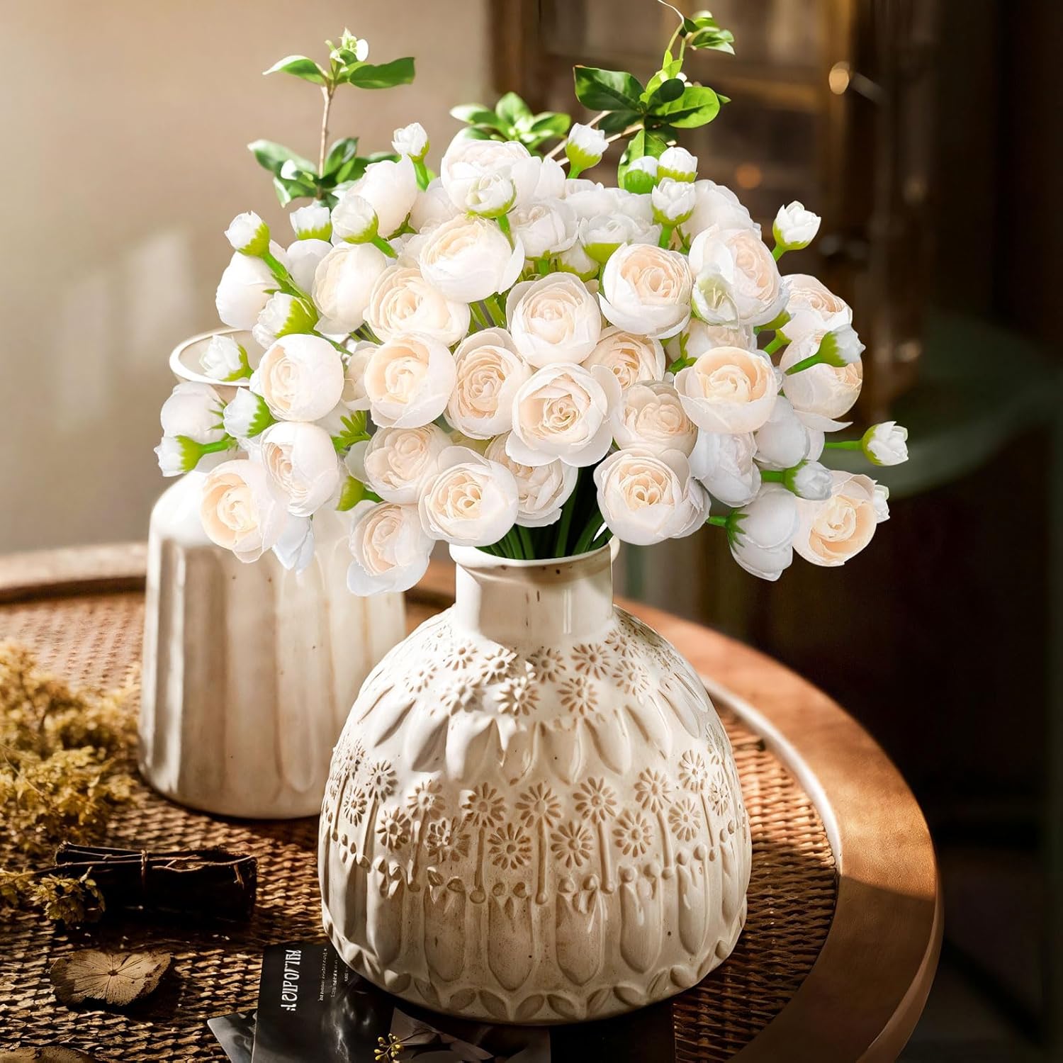 24 Pcs Ranunculus Artificial Flowers With Bows, Ribbons And Pearl Pins, Faux Silk Mini Peonies Artificial Flowers For Diy Wedding Bouquets, Bridal Shower Decorations And Home Table Decorations,Cream