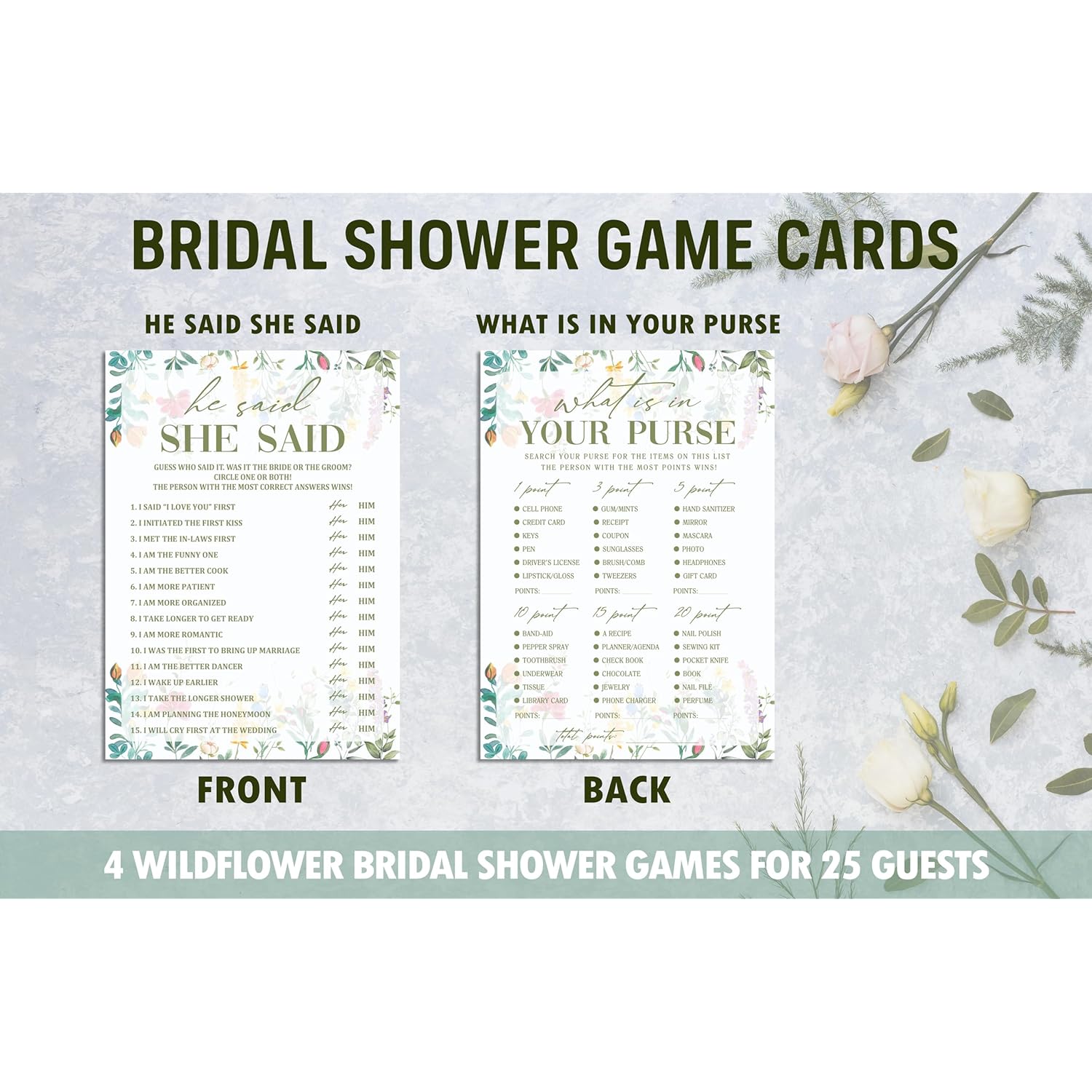 Wildflower Bridal Shower Games Set, 4 Games Includes He Said She Said, Would She Rather, What Is In Your Purse, Bride Feud, 50 Double-Sided Cards, Wedding Party Supplies -02