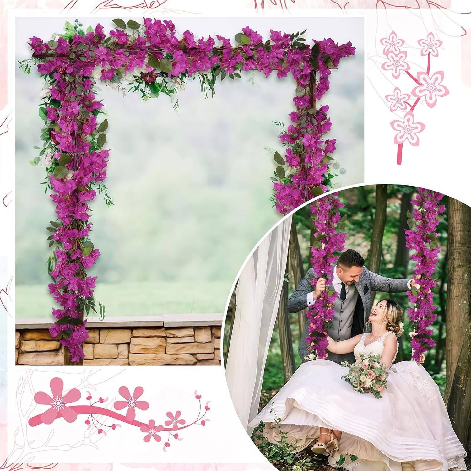 Purple Bougainvillea Artificial Flowers Garland 5.9Ft Bloom Faux Bougainvillea Artificial Vine Flowers For Centerpieces Table Runner Wedding Arch Wall Decorations (Purple)