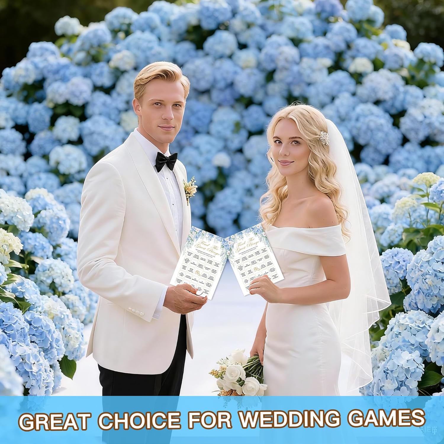 Bridal Shower Games, Blue Hydrangea Wildflowers Wedding Party Decorations Supplies, Find The Guest Game Cards For Spring Bachelorette Engagement Wedding Party, Minimalist, 02