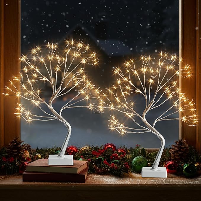 2 Pack Fairy Light Bonsai Tree 108 LED Light Up Tree Decor with 8 Lighting Modes USB and Battery Powered Tabletop Spirit Tree for Home Bedroom Christmas Holiday Decorations Silver