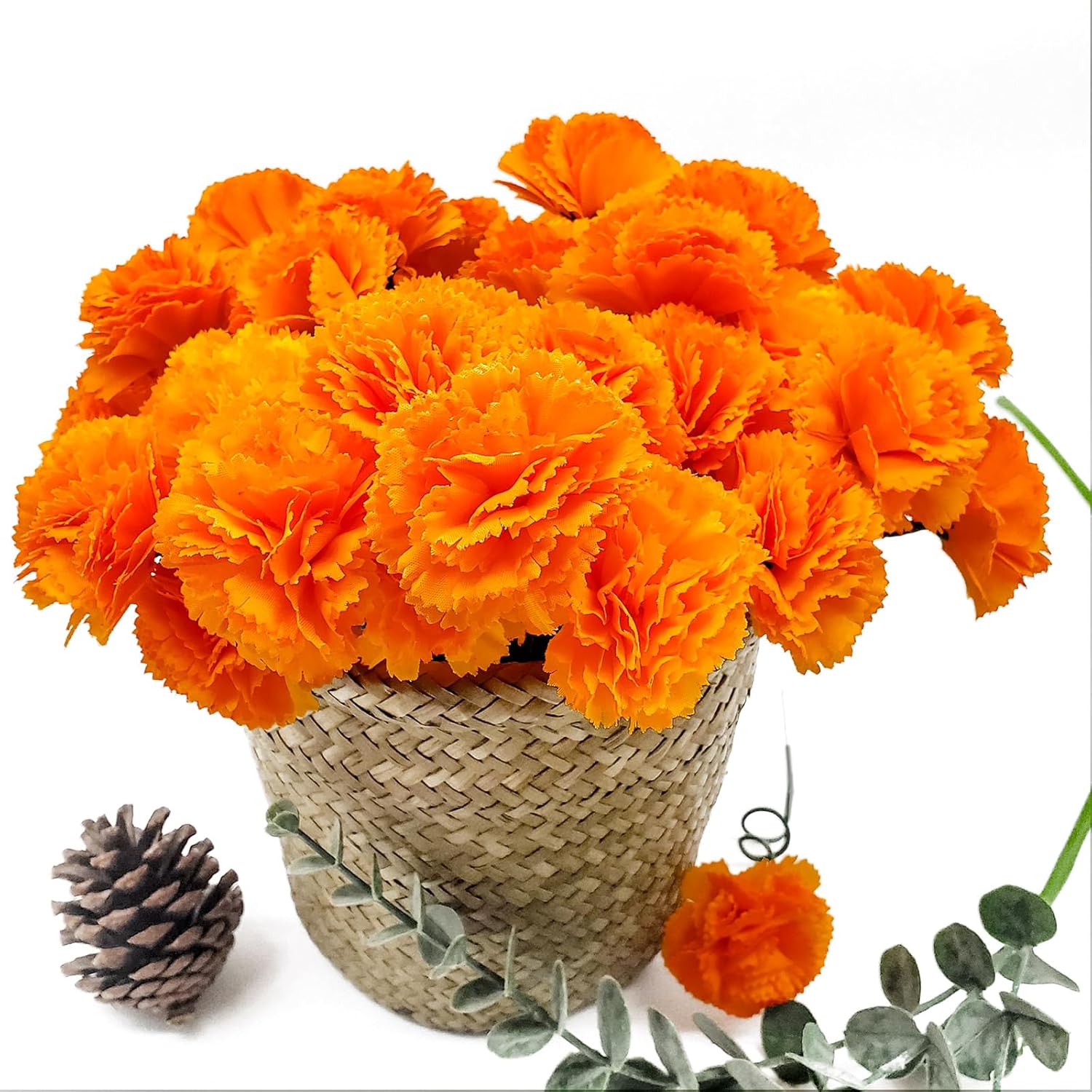 100 Pcs Marigold Flowers Heads With Floral Stems, Silk Orange Artificial Flowers For Diwali Day Of The Dead Diy Marigold Garland Wreath Decor (100)