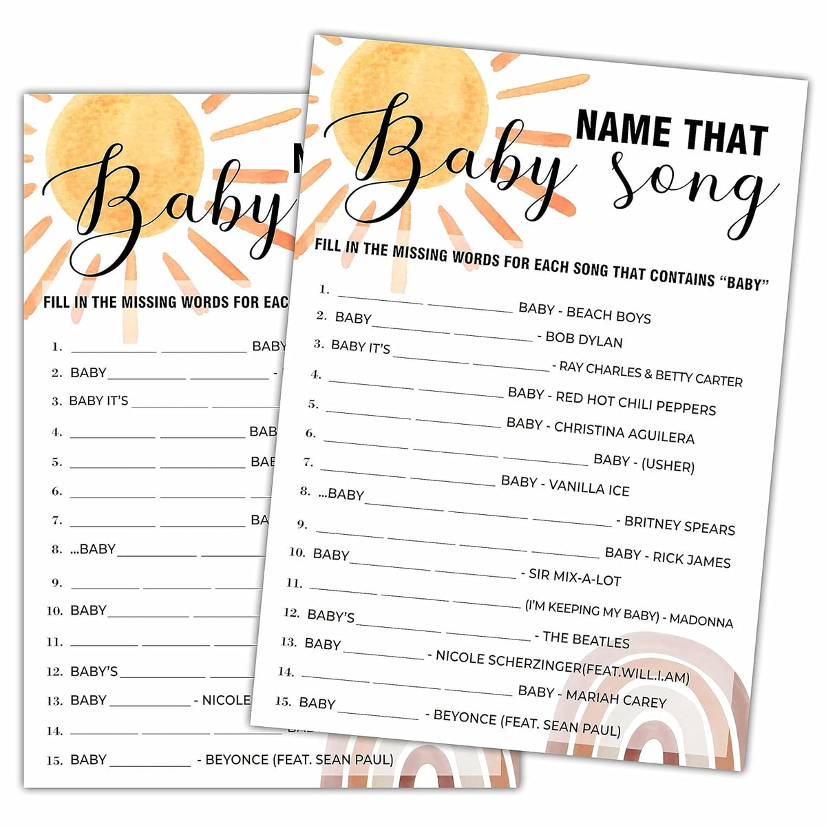 Boho Rainbow Name That Baby Song Baby Shower Games, 25 Sunshine Gender Neutral Cards With 1 Answer Card, Gender Reveal Party Game Set For Women, Men-A21