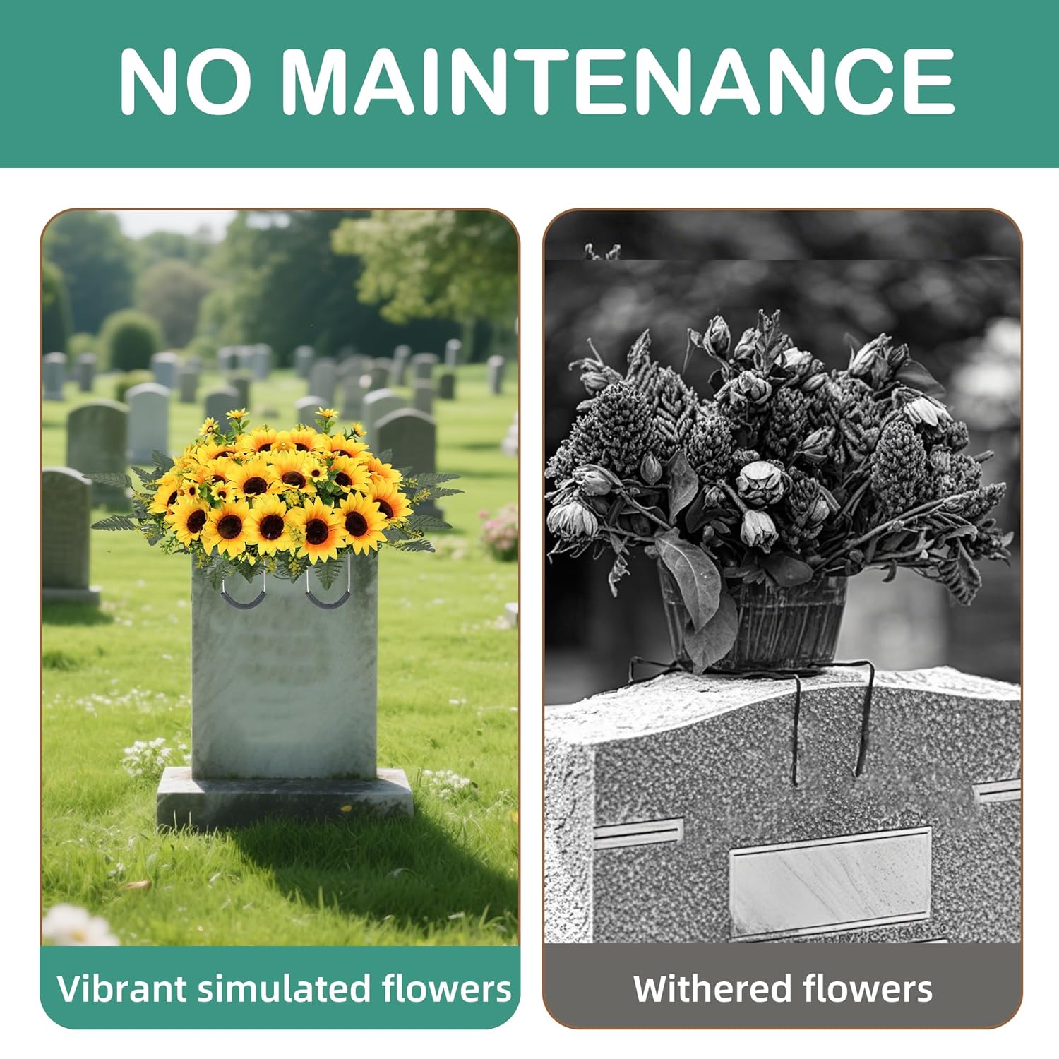 Artificial Cemetery Flowers For Grave,Headstone Flower Saddle Silk Sunflowers Grave Flowers For Cemetery Memorial For Outdoor Gravesite Decoration (Yellow)