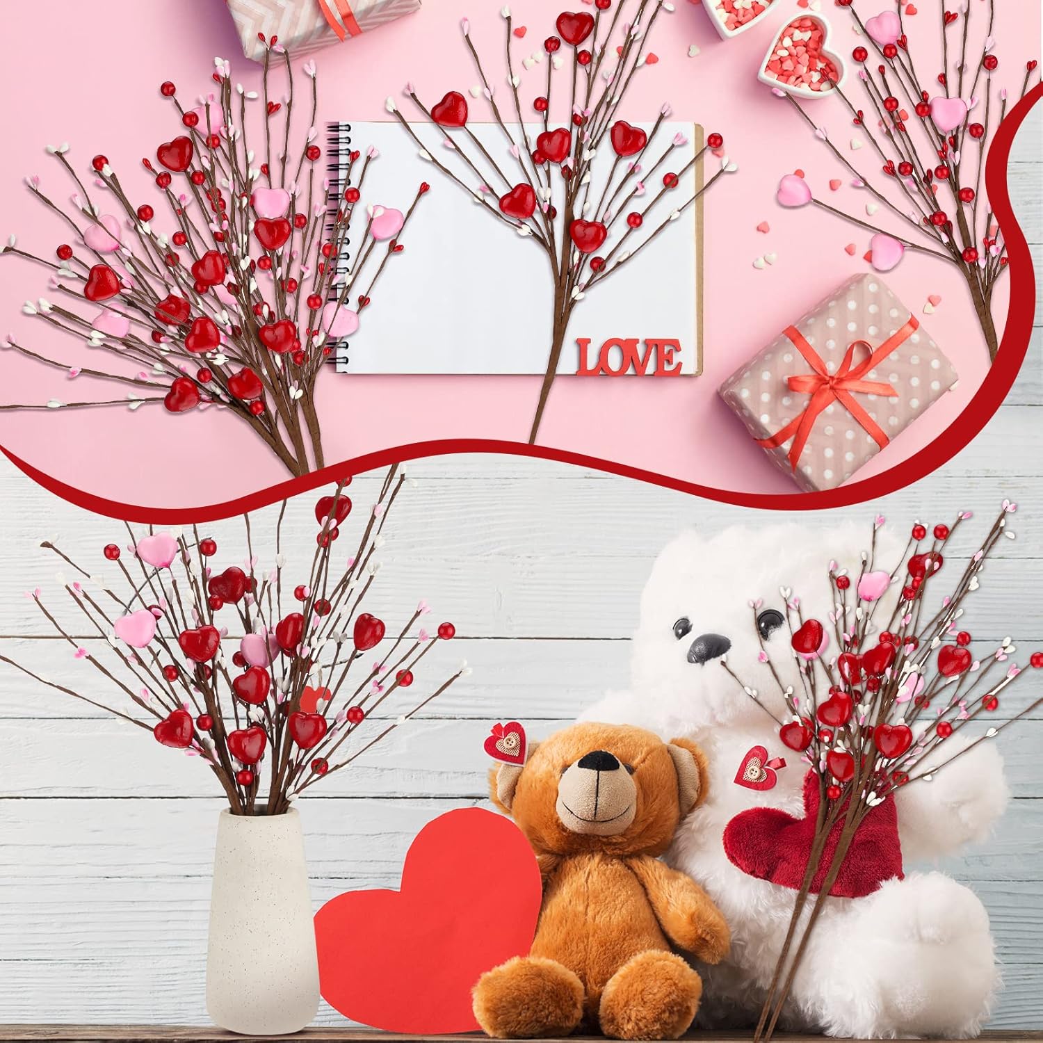 Valentine'S Day Decorations 6 Pcs Valentine'S Day Picks Gifts Heart Shaped Floral Berry Picks Centerpieces For Table Artificial Flowers Arrangement Wedding Spring Table Vase Decor(Red Pink)