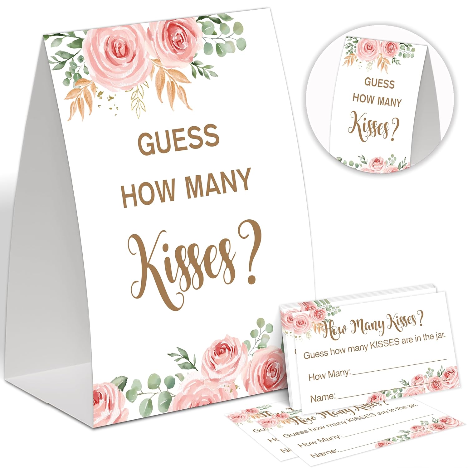 Boho Floral How Many Kisses Bridal Shower Game,Wedding Shower Games,Engagement Party Games,Bachelorette Party Games,Bridal Shower Decorations(1 Sign & 50 Cards),8