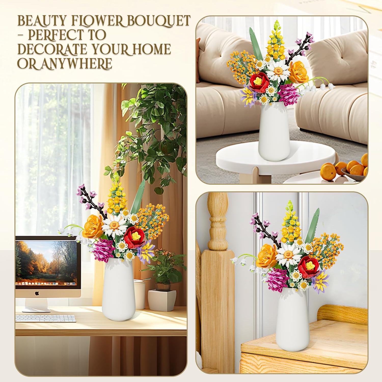 Flowers Bouquet Building Set, 1070Pcs Artificial Plant Flower Kit Toy For Adults Kids Women Her, Wildflower Botanical Collection, Home Decor Gift For Birthday, Christmas, Valentines (No Vase)