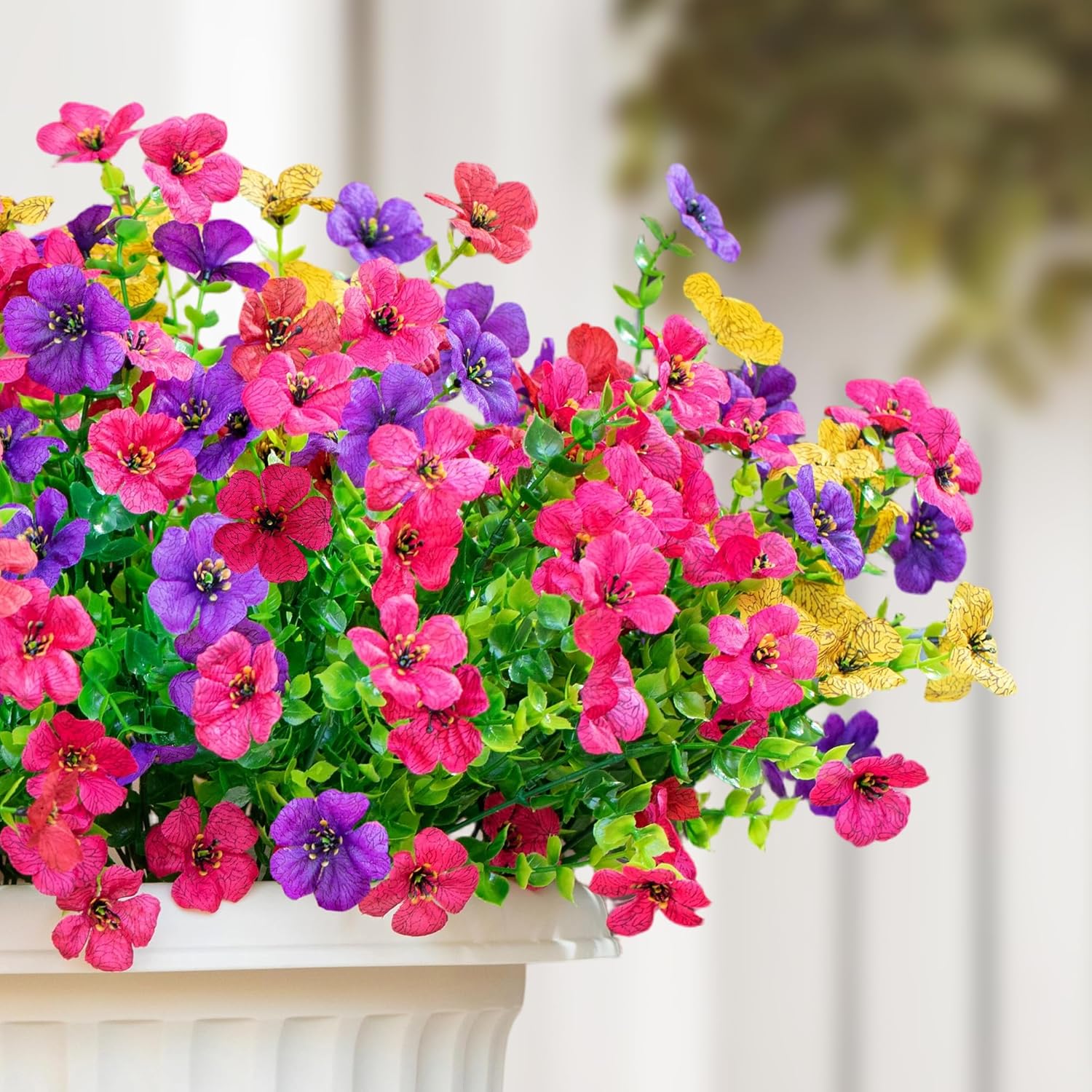 Artificial Fake Flowers Plants For Outdoors Spring Summer Decor,16 Bundles Faux Flowers Plant Silk Daisy Uv Resistant For Outside Planters Front Porch Patio Yard Garden Home(Red,Purple,Yellow,Fuchsia)