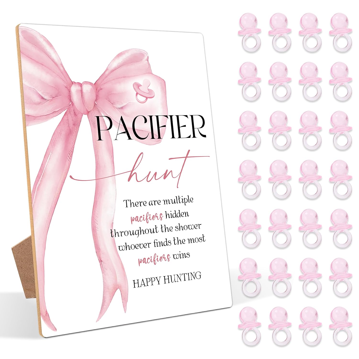 51 Pcs Pacifier Hunt Baby Shower Game, Include 1 Wood Sign And 50 Pacifiers, Pink Bow Theme Gender Reveal Games, Pink Baby Shower Decorations, Newborn Announcement Party Decor Supplies