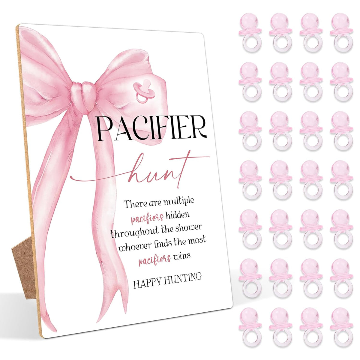 51 Pcs Pacifier Hunt Baby Shower Game, Include 1 Wood Sign And 50 Pacifiers, Pink Bow Theme Gender Reveal Games, Pink Baby Shower Decorations, Newborn Announcement Party Decor Supplies