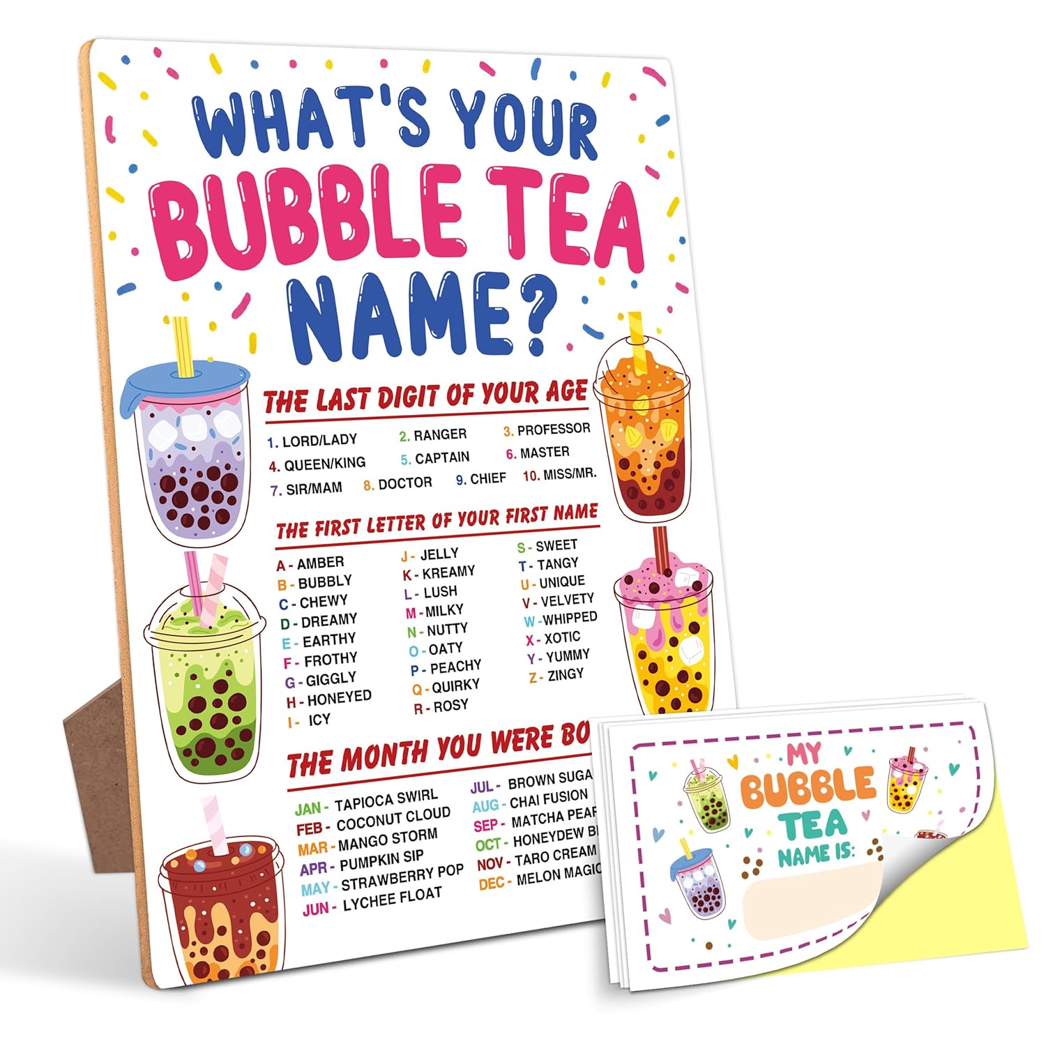 Bubble Tea Decorations For Birthday Party Game, What Is Your Bubble Tea Name,6×8 Wooden Play Sign With Stand And 30 Name Stickers Set