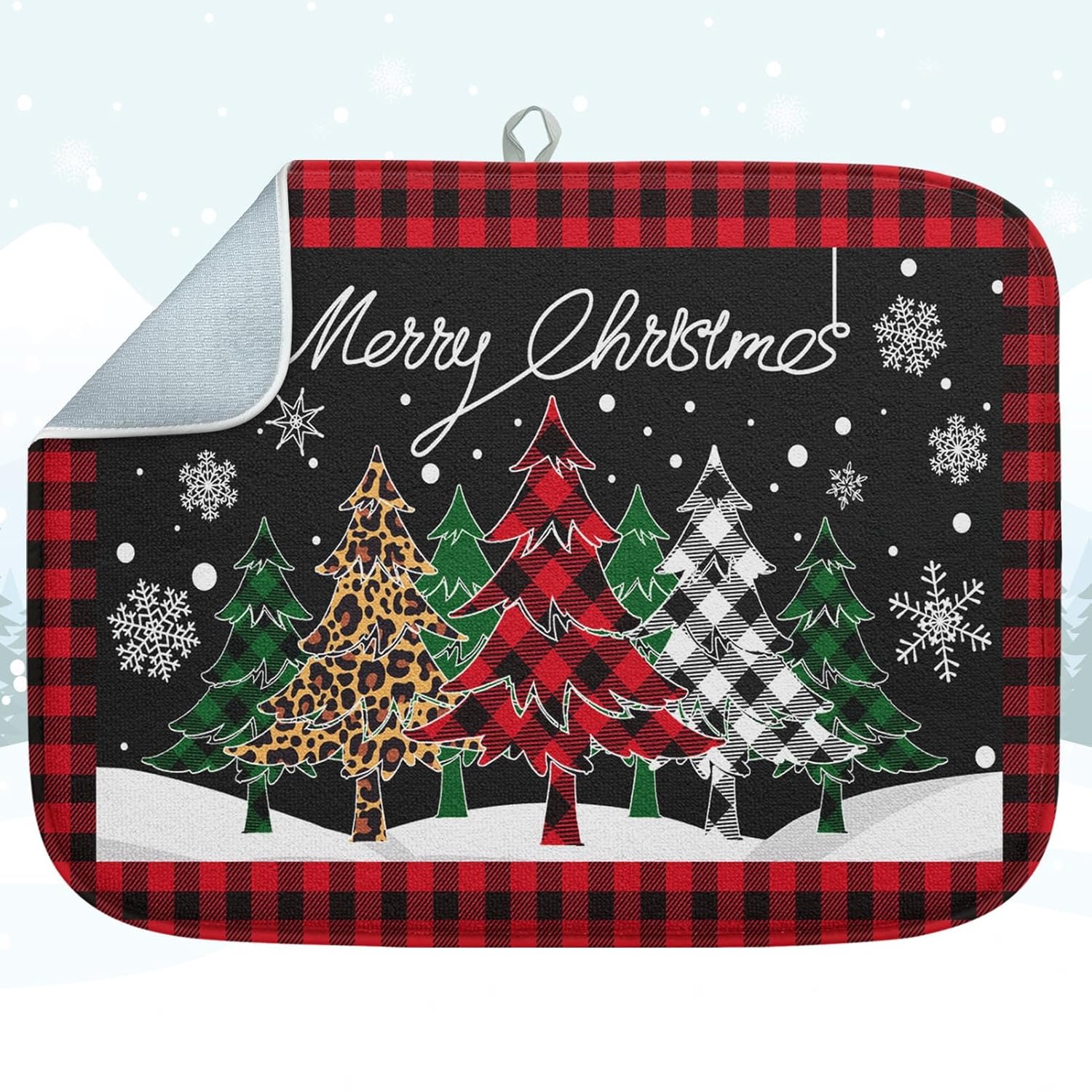 Absorbent Dish Drying Mat, Merry Christmas Microfiber Pad For Kitchen Counter, Winter Red Plad Tree For Coffee Bar Decor, Heat Resistant And Reversible, 18" X 24"