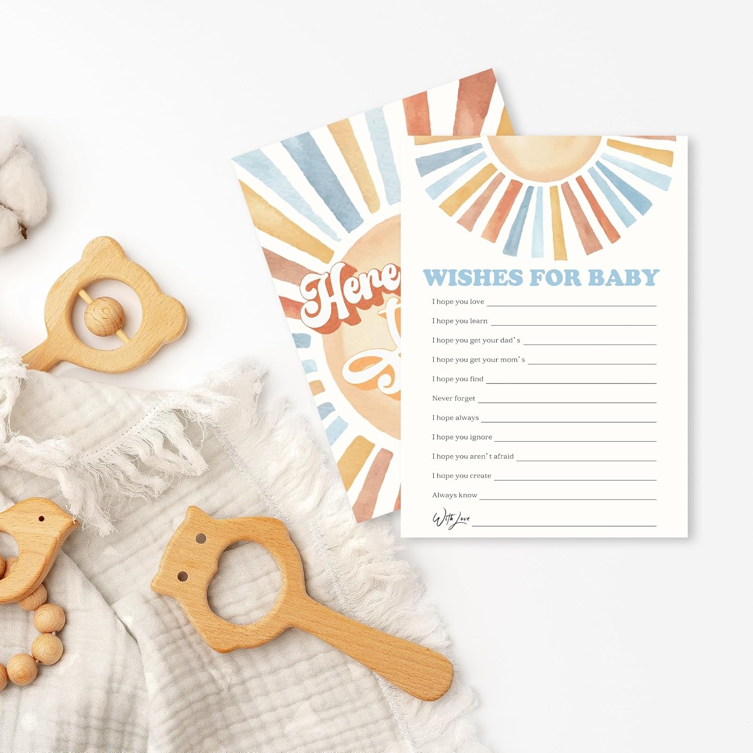 Sunshine Fill In Baby Shower Game Cards - Here Comes The Son - Wishes For Baby Game For Boys - Baby Announcement Gender Reveal Baby Shower Party Activities For New Parents To Be - A03