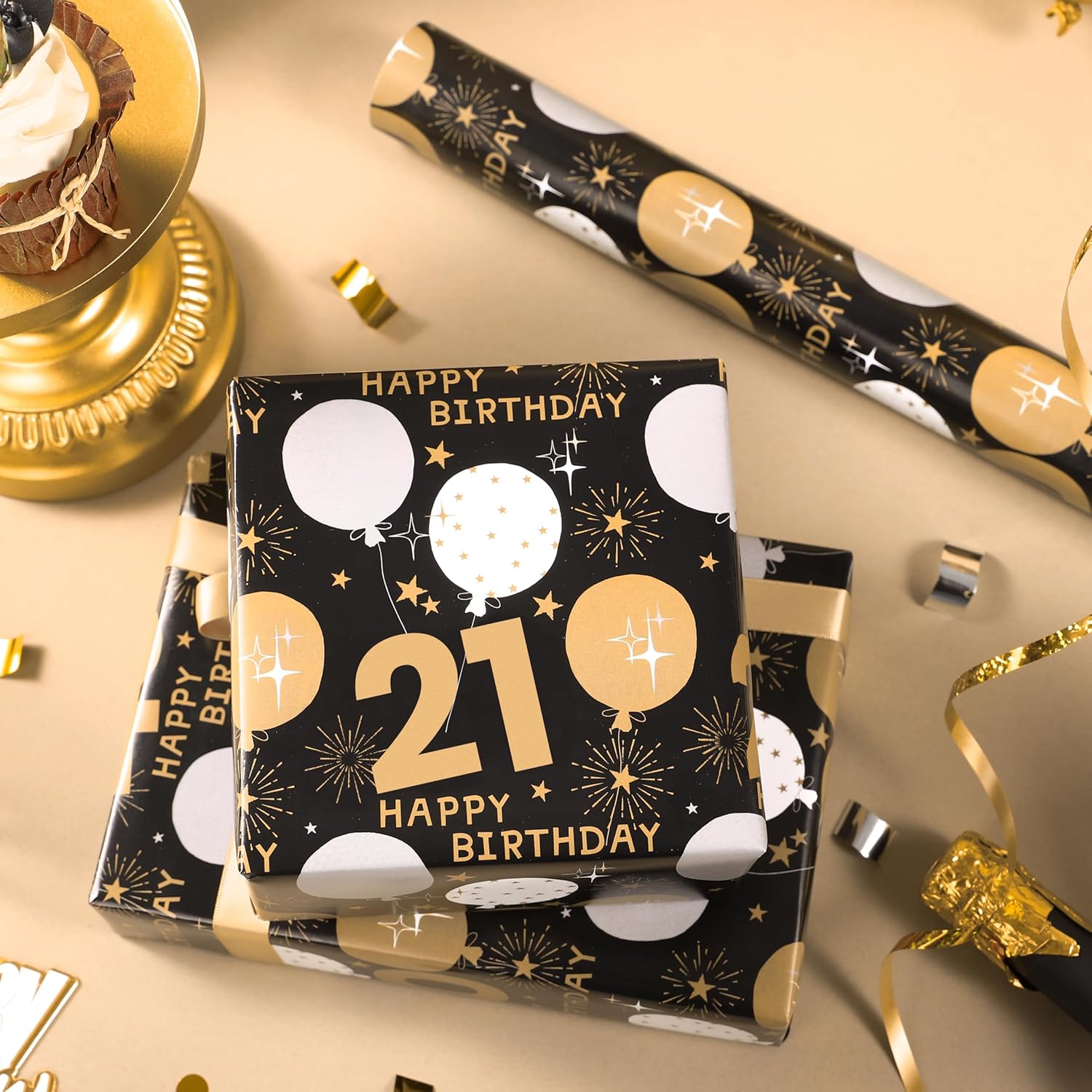 21St Birthday Wrapping Paper - Mini Roll - 17 Inch X 33 Feet - Black Gold Balloon Design For Birthday, Party, Holiday