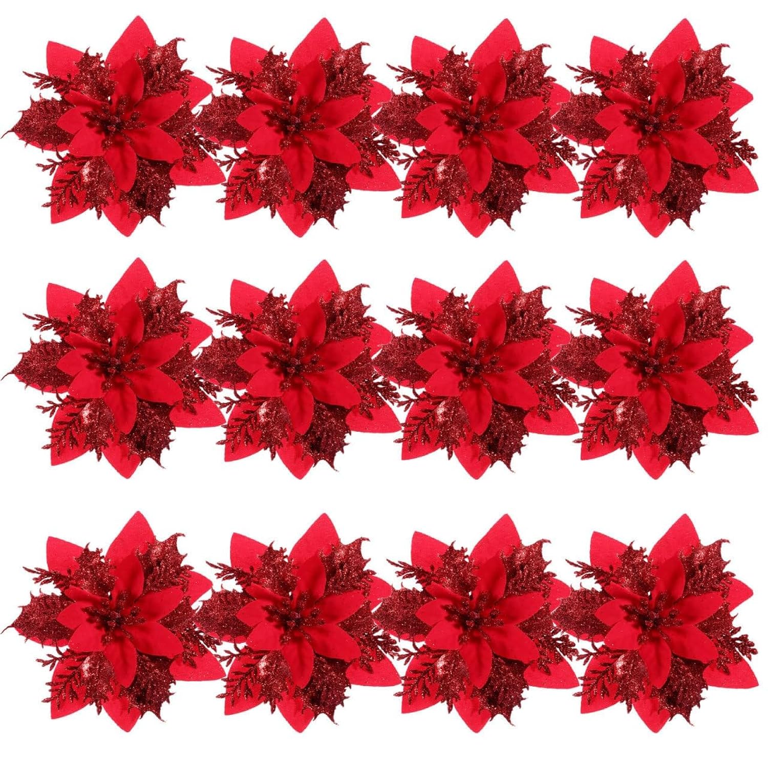 Christmas Glitter Poinsettia Flowers Artificial Flowers For Christmas Tree Decorations Red Wreath Florals With Stems And Clips 12 Pieces
