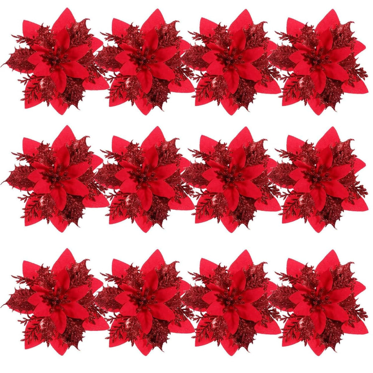 Christmas Glitter Poinsettia Flowers Artificial Flowers For Christmas Tree Decorations Red Wreath Florals With Stems And Clips 12 Pieces