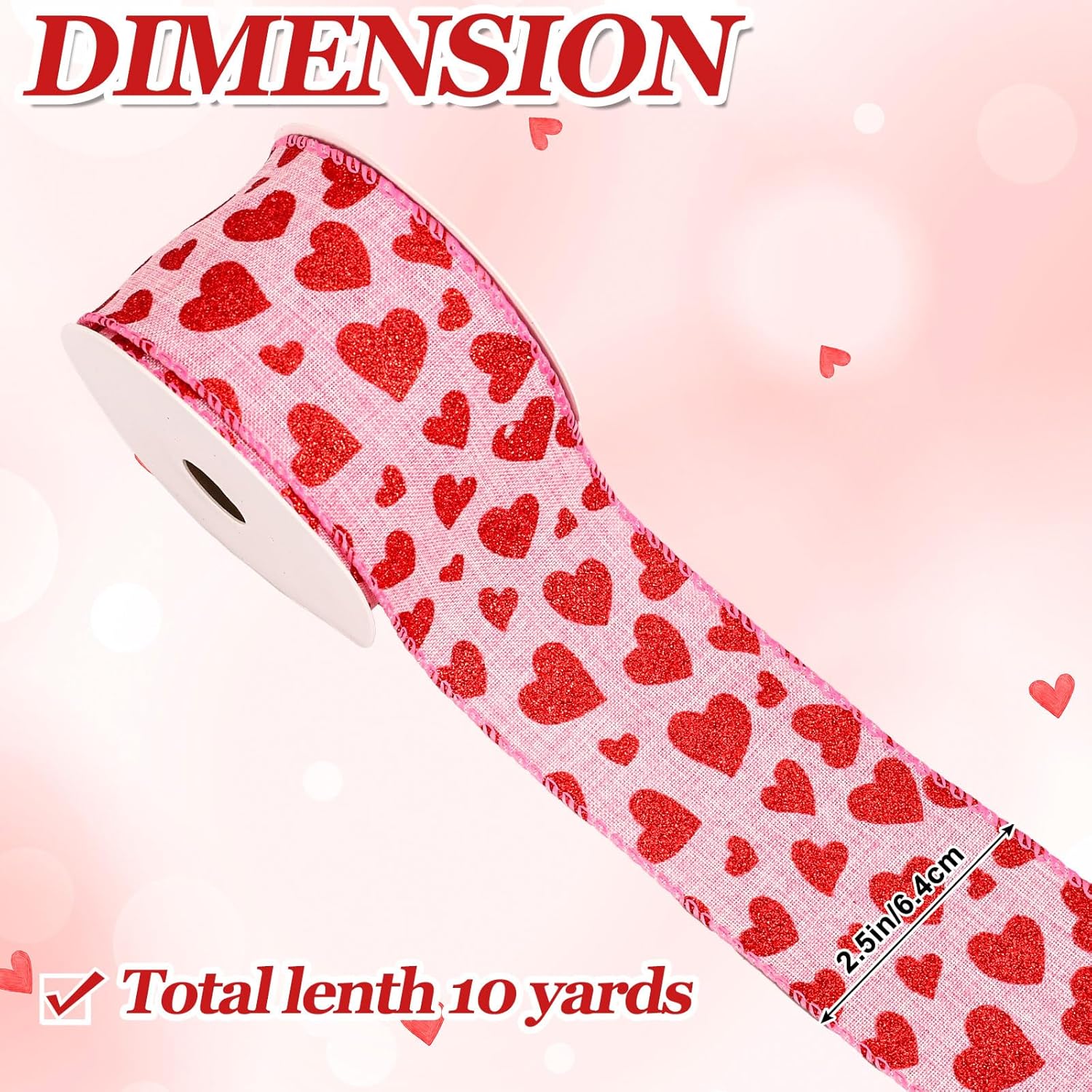 Valentine'S Day Wired Edge Ribbons Craft Ribbon Pink Red Glitter Heart Fabric Wrapping Ribbon For Bow Wreath Party Home Decor, 2.5 In, 10 Yards
