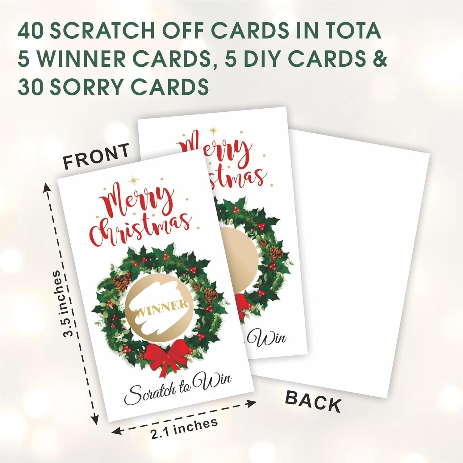 Merry Christmas Scratch Off Cards With Stickers - Xmas Wreath Scratch & Win Game Cards - 40Pcs Lottery Game Cards For Group Kids & Adult Prizes Activity - A06, White & Green