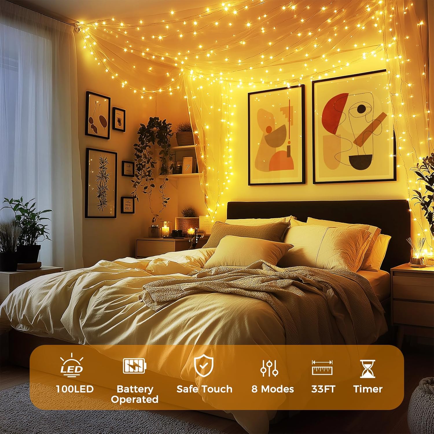Fairy Lights Battery Operated, 33Ft 100 Led Twinkle Lights With Remote And Timer, 8 Modes Waterproof Lighting For Diy Be