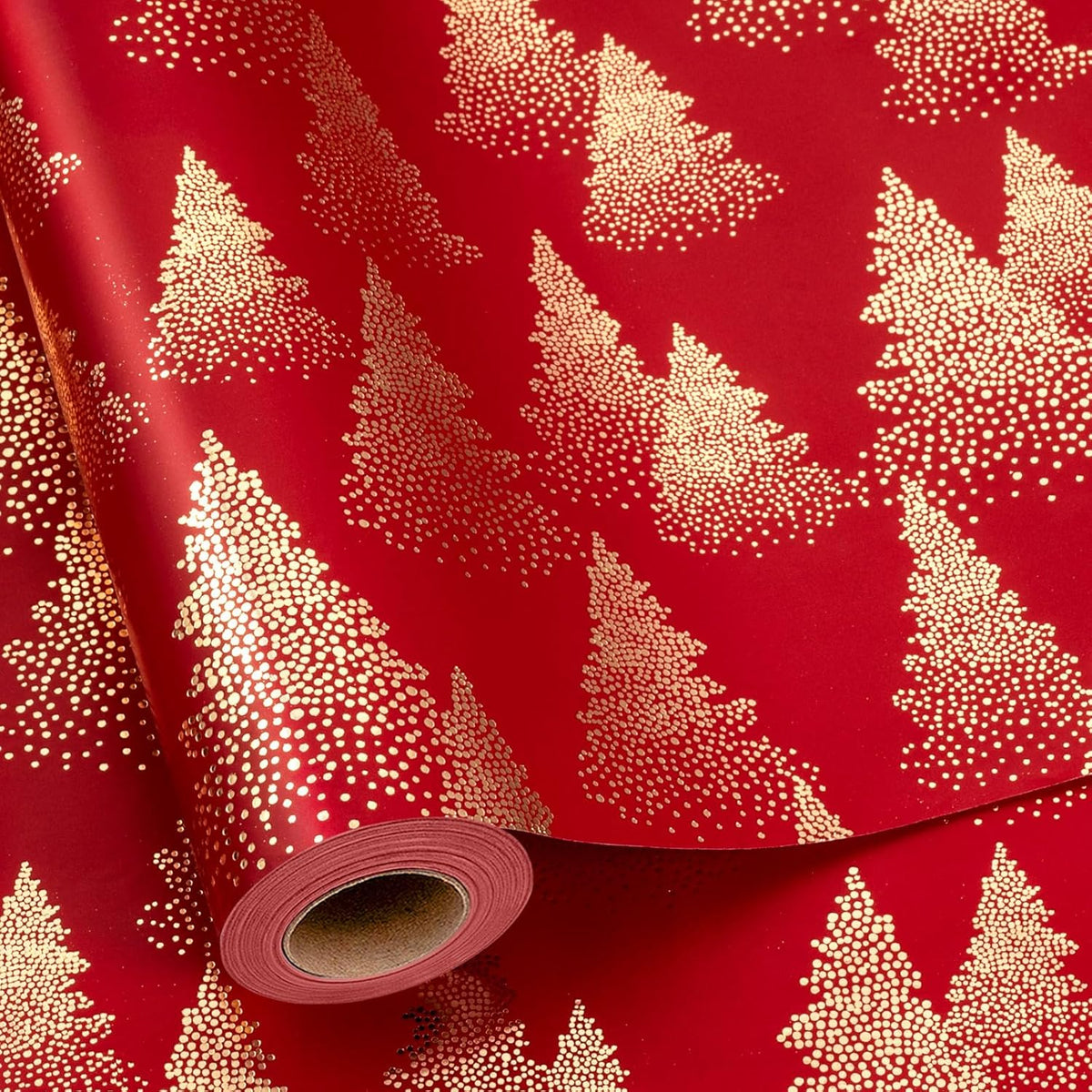 Red Christmas Wrapping Paper, Red And Gold Trees Holiday Wrapping Paper, Vintage Gold Foil Christmas Trees Elegant Winter Gift Wrap For Gift Packaging, Craft, New Year(17 Inch X 33 Feet)