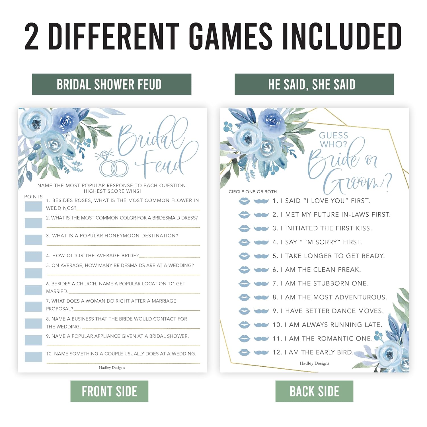 Blue Floral Bridal Shower Games For 20 Guests, Fun & Classy Wedding Engagement Party Something Blue Before I Do Bridal Shower Games Set