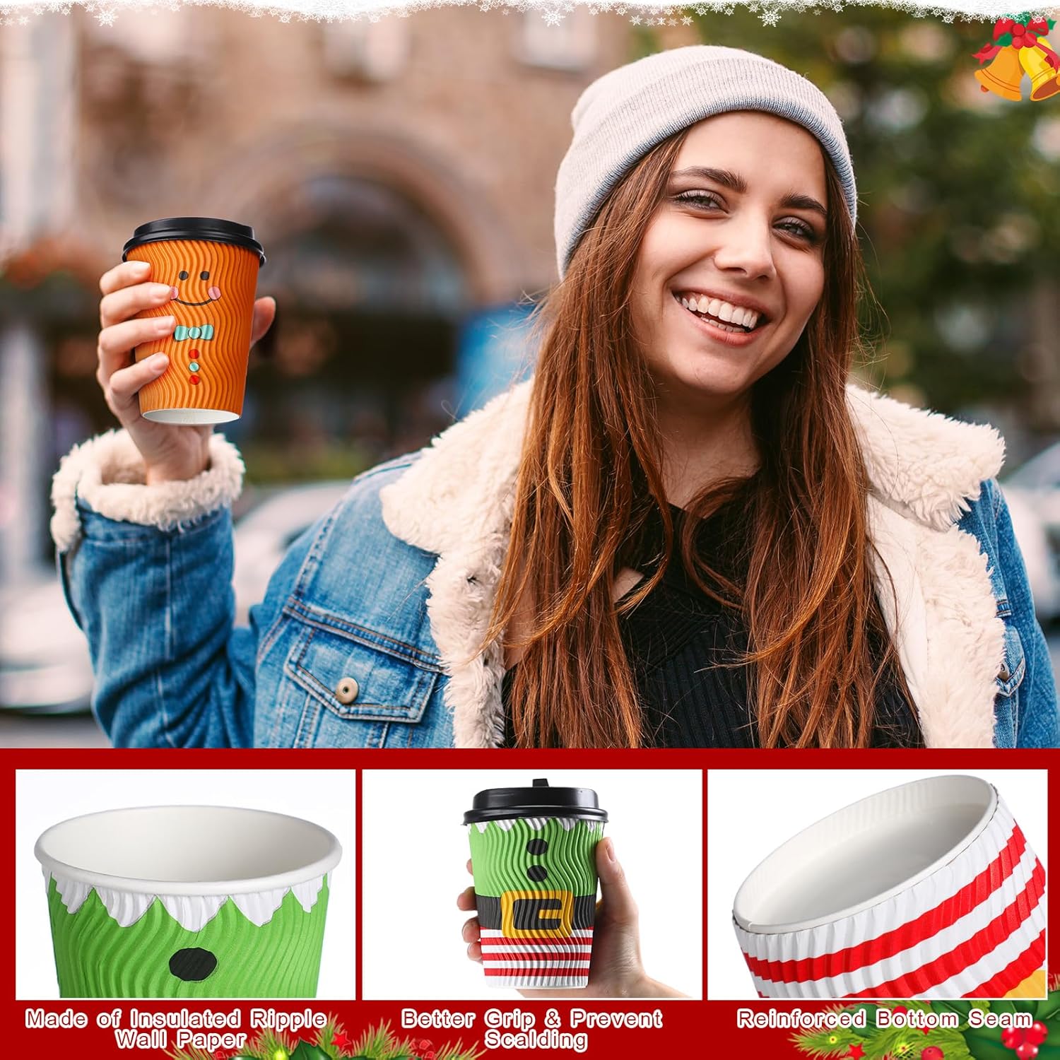 100 Sets Christmas Disposable Coffee Cups 12 Oz Insulated Ripple Wall Paper Cup With Lid, Xmas Disposable Coffee Espresso Cups Tea Cups For Cold Hot Liquids Drinking Party Supplies (Cute)