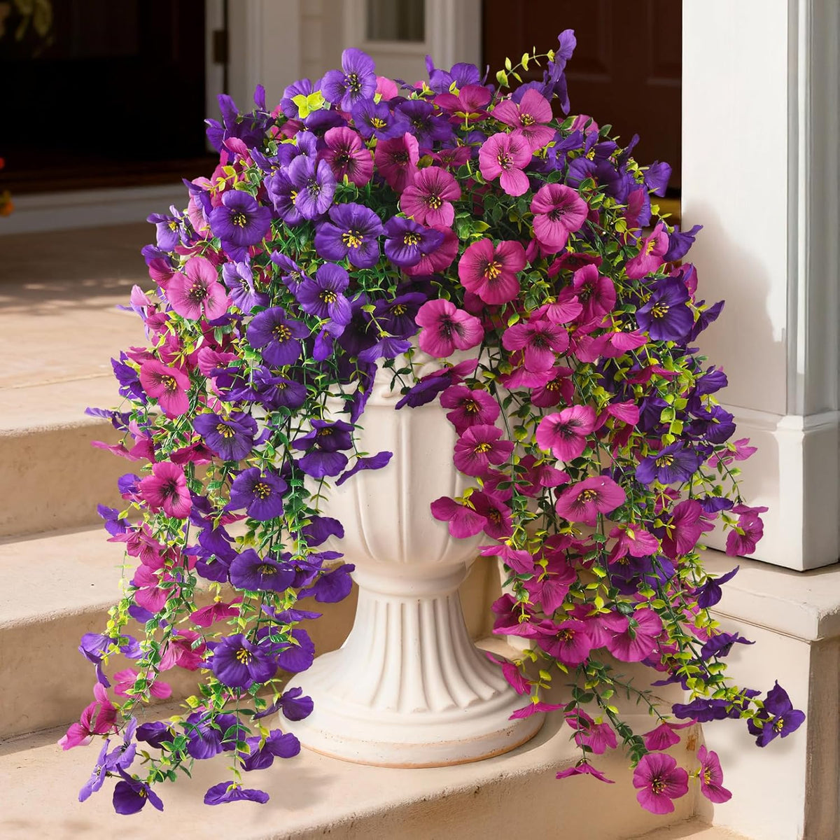Fake Artificial Flowers For Outdoors, 4 Pcs Faux Hanging Pansy Flowers Spring Summer Decor, Uv Resistant No Fade Fake Plants Silk Flower For Planter Front Door Porch Patio Yard Garden(Purple Rose Red)