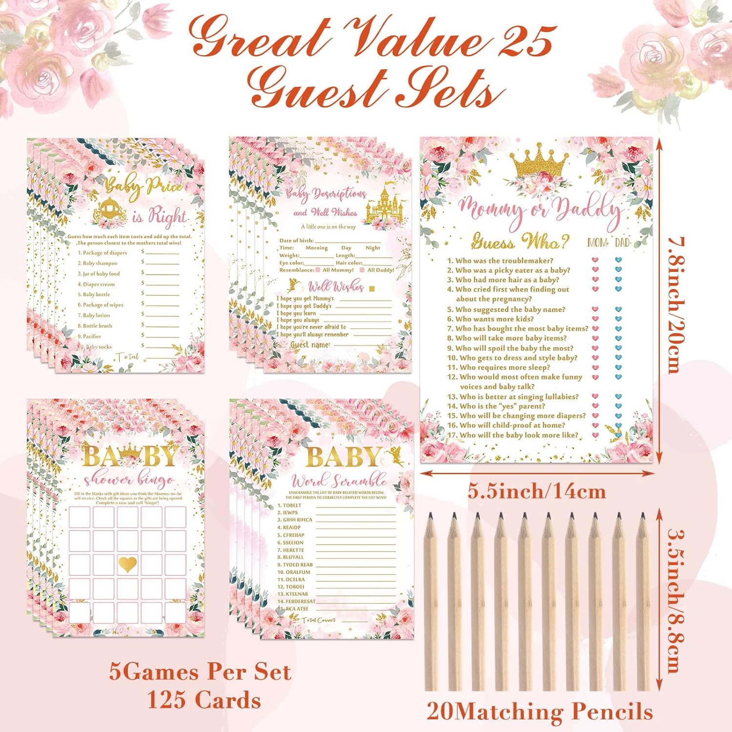 125 Pcs Princess Baby Shower Games For Girls 5 Styles Cards With 20 Pencils For Decorations Baby Shower Activities Include Number Game, Predict Who, Descriptions And Well Wishes, Price