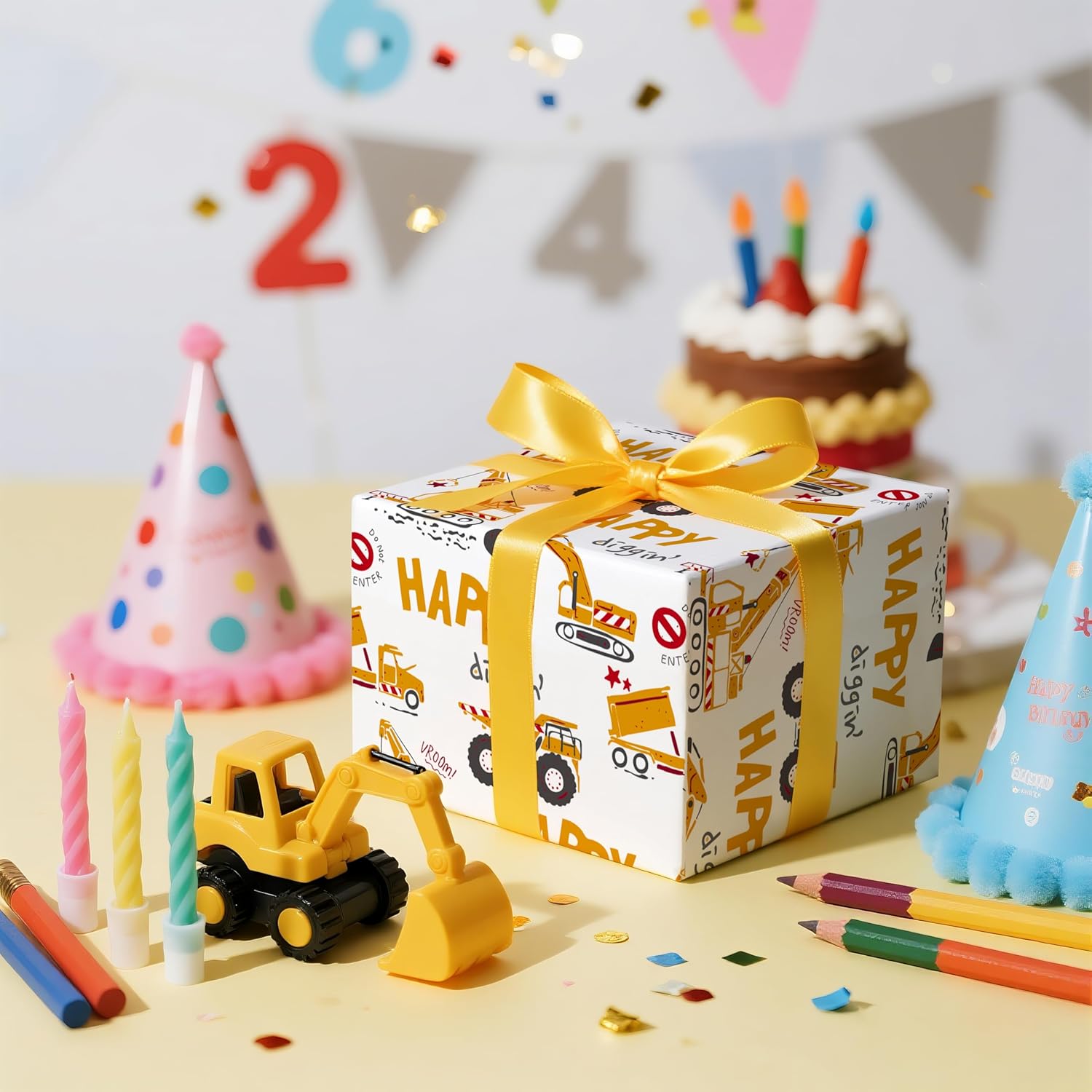 Kids Wrapping Paper Roll – Construction Truck & Excavator Theme With Happy Diggin’ Design – Mini Roll 17 In X 16.4 Ft Gift Wrap For Boys Birthday, Party, Baby Shower