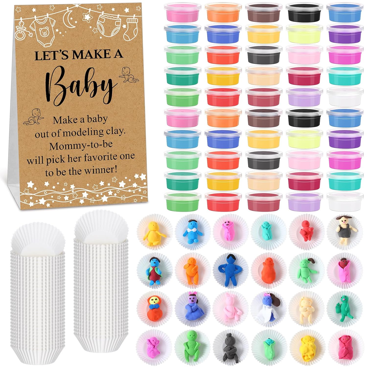 101 Pcs Retro Funny Baby Shower Games Set Include 50 Modeling Clay 50 Cupcake Liners And 1 Let'S Make A Baby Game Sign For Guest Gender Reveal Activities Adult Arts Diy Crafts Gifts