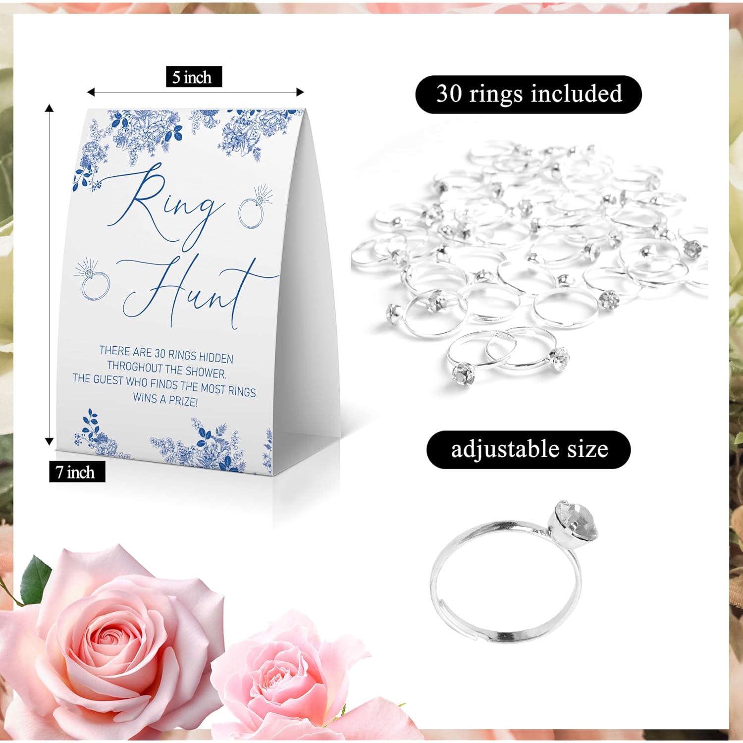 Ring Hunt Bridal Shower Game, Bridal Shower Ring Game, Something Blue Before I Do Decorations, Blue Floral Sign With 30 Metal Rings -Rghunt04