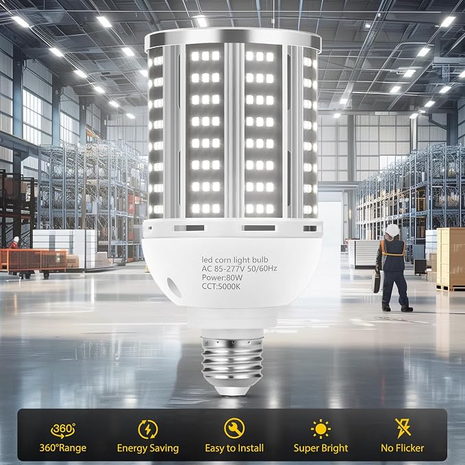 LED Corn Light Bulb 2 Pack 80W 10500LM Commercial Grade 5000K Daylight E26 E39 Warehouse Garage Lighting