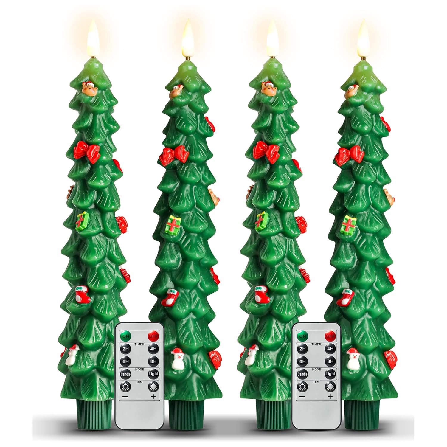 4Pcs Christmas Tree Flameless Taper Candles With Remote And Timer,Led Candles Battery Operated With Mini Ornaments,9.5" Real Wax Window Candlesticks With Flickering 3D Flame For Christmas Decoration