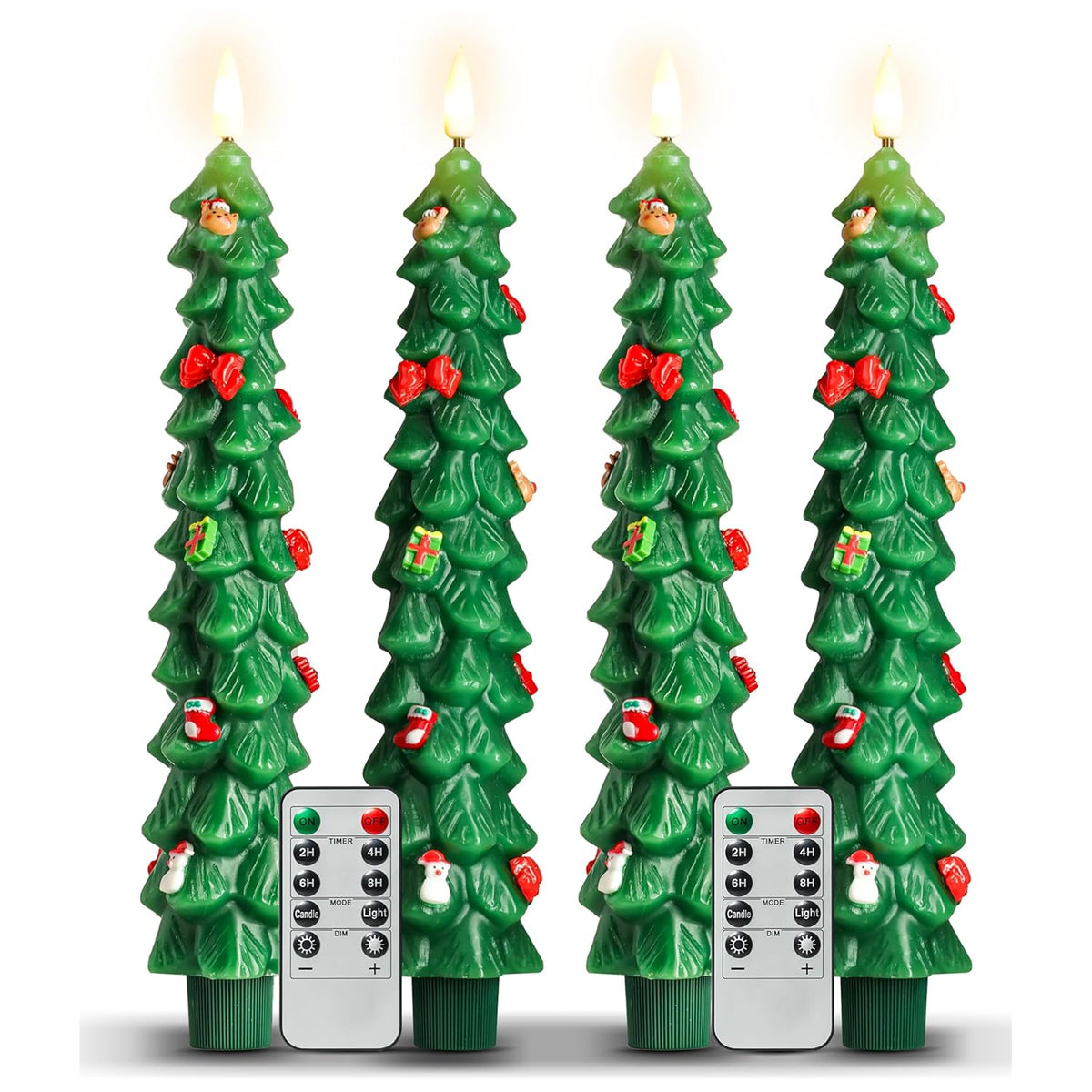 4Pcs Christmas Tree Flameless Taper Candles With Remote And Timer,Led Candles Battery Operated With Mini Ornaments,9.5" Real Wax Window Candlesticks With Flickering 3D Flame For Christmas Decoration