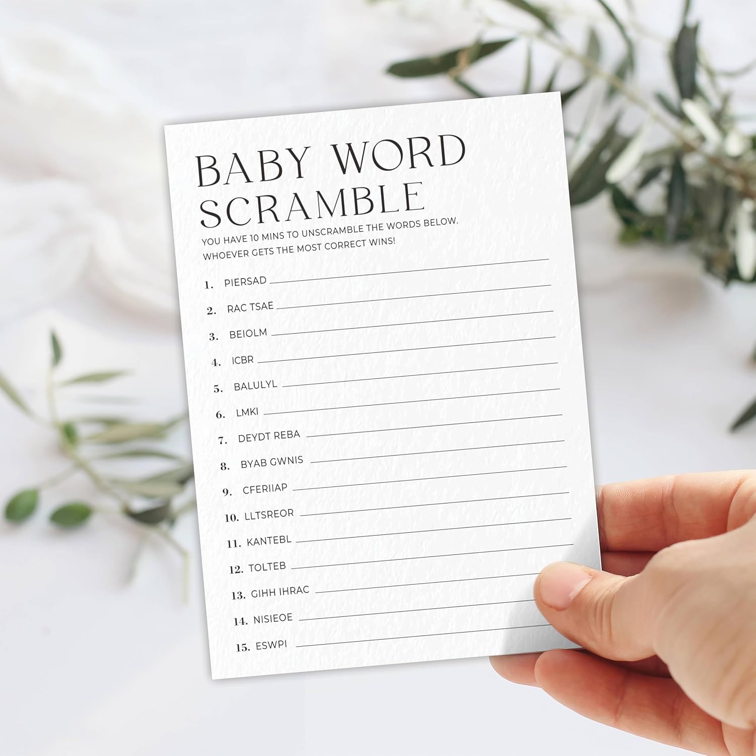 Baby Word Scramble Game Kits For Baby Shower - Minimalism Pearl White - 30 Fill In The Blank Game Cards With 1 Answer Card Each Set, Gender Reveal, Gender Neutral Party Supplies - A07
