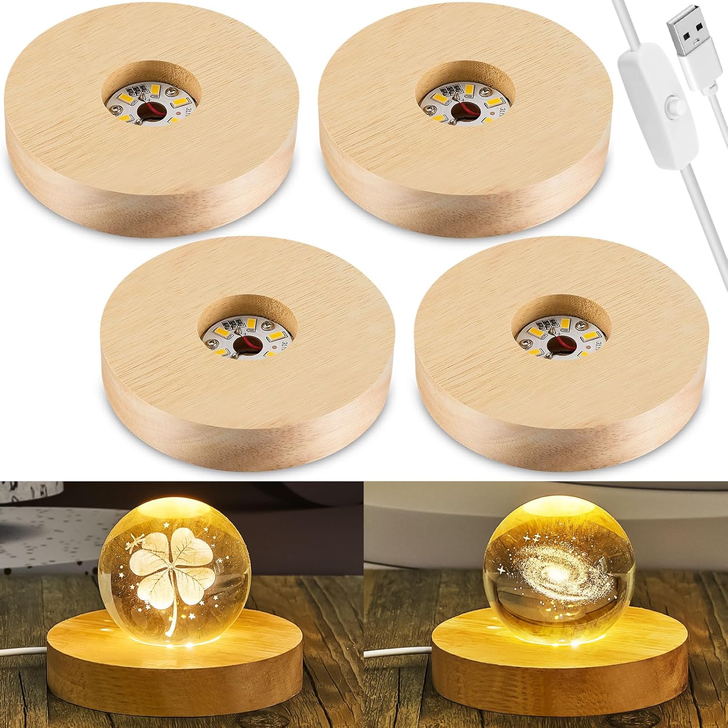 4 Pcs Led Display Base Wooden Led Base Wood Light Display For Crystal Lighted Stand For Glass 3D Glass Resin Art(Round)