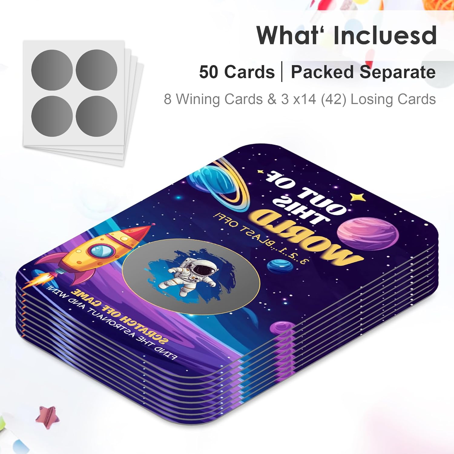 Outspace Birthday Party Scratch Off Games, Out Of This World Astronaut Party Ice Breaker Cards For Space Party, 50 Sets With Stickers