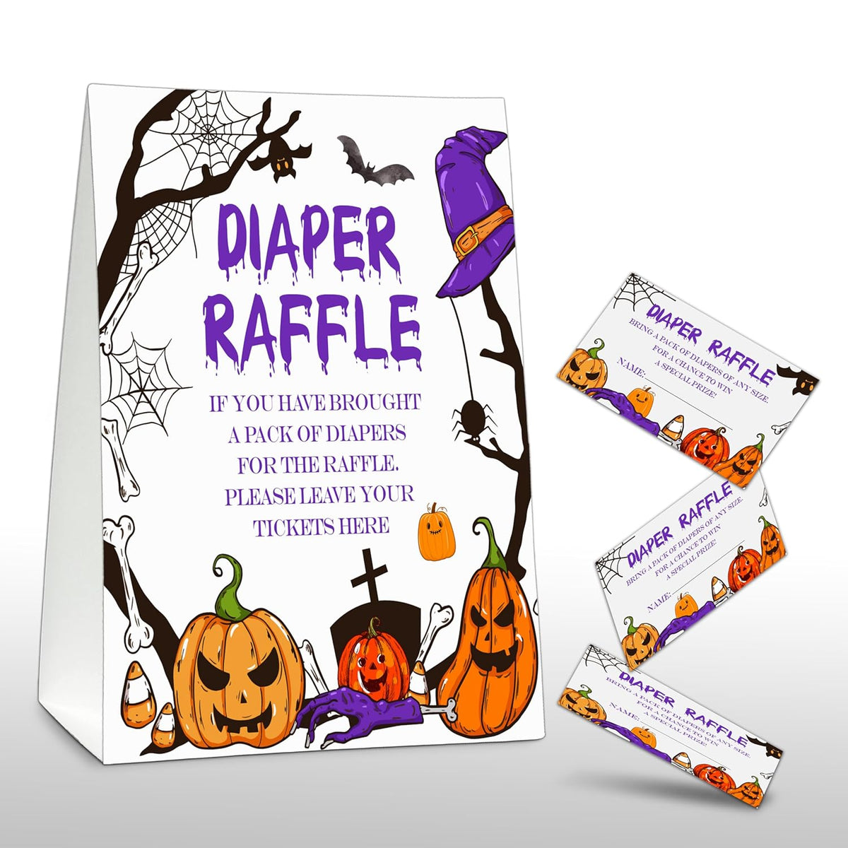 Halloween Diaper Raffle Games Sign, Halloween Baby Shower Party Game Set, Gender Reveal Party Favor Supplies Decor-1 Double Sided Standing Sign + 50 Guessing Cards (05)