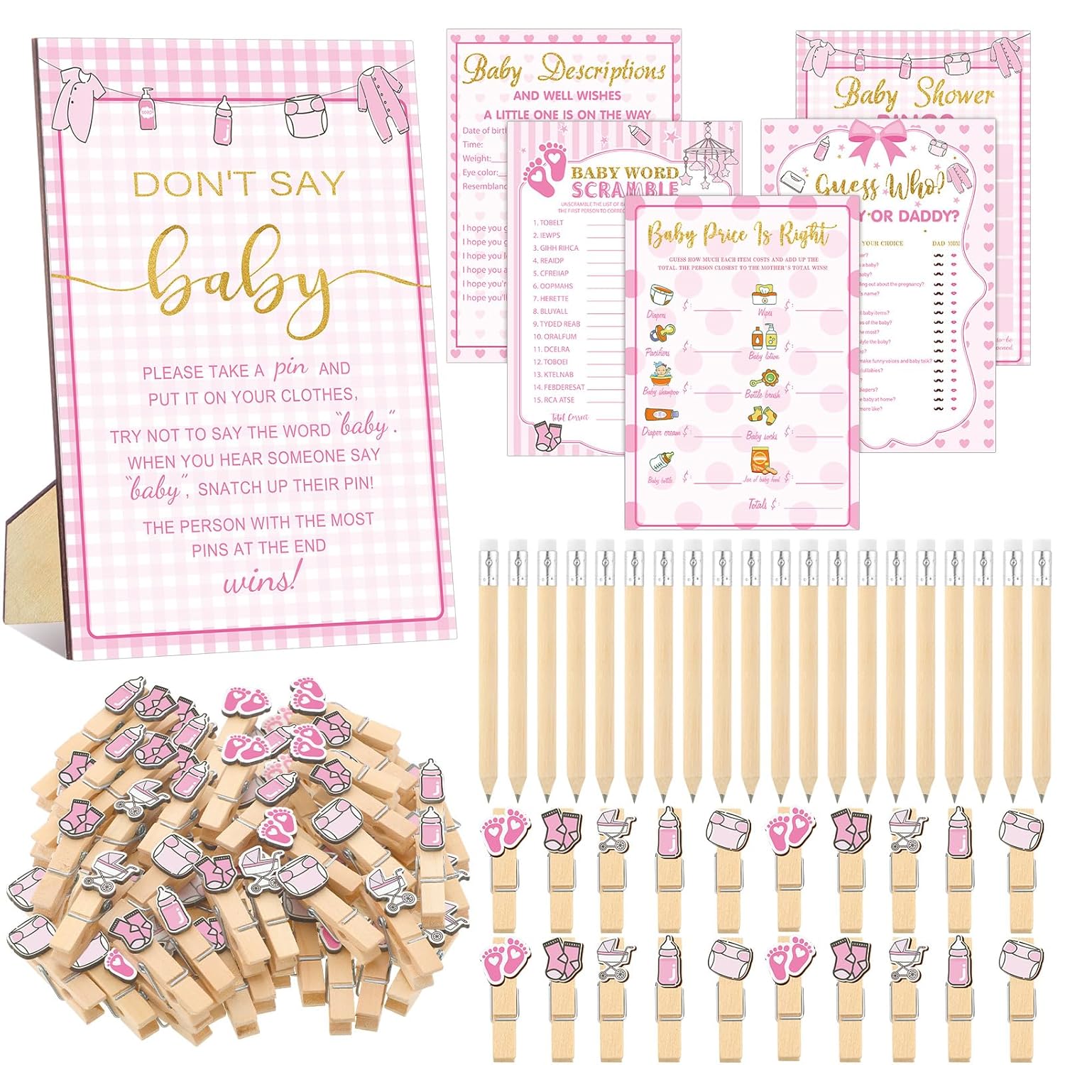 321 Pcs Pink Baby Shower Games For Girl 5 Games Baby Shower Bingo Word Scramble Description And Well Wishes The Price Is Right Guess Who Mom Or Daddy Don'T Say The Word Clothespin Pencil