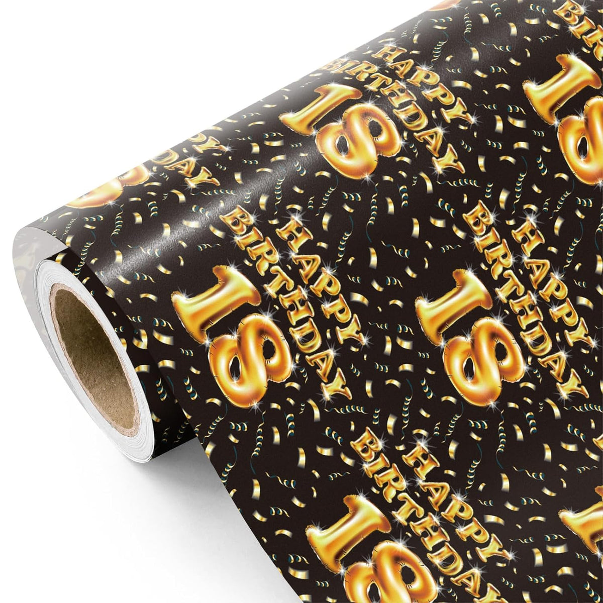 18Th Birthday Wrapping Paper Roll - Mini Roll - 17 Inch X 16.5 Feet - Black And Gold Balloons Happy Birthday Wrapping Paper Perfect For Boys, Party, Holiday