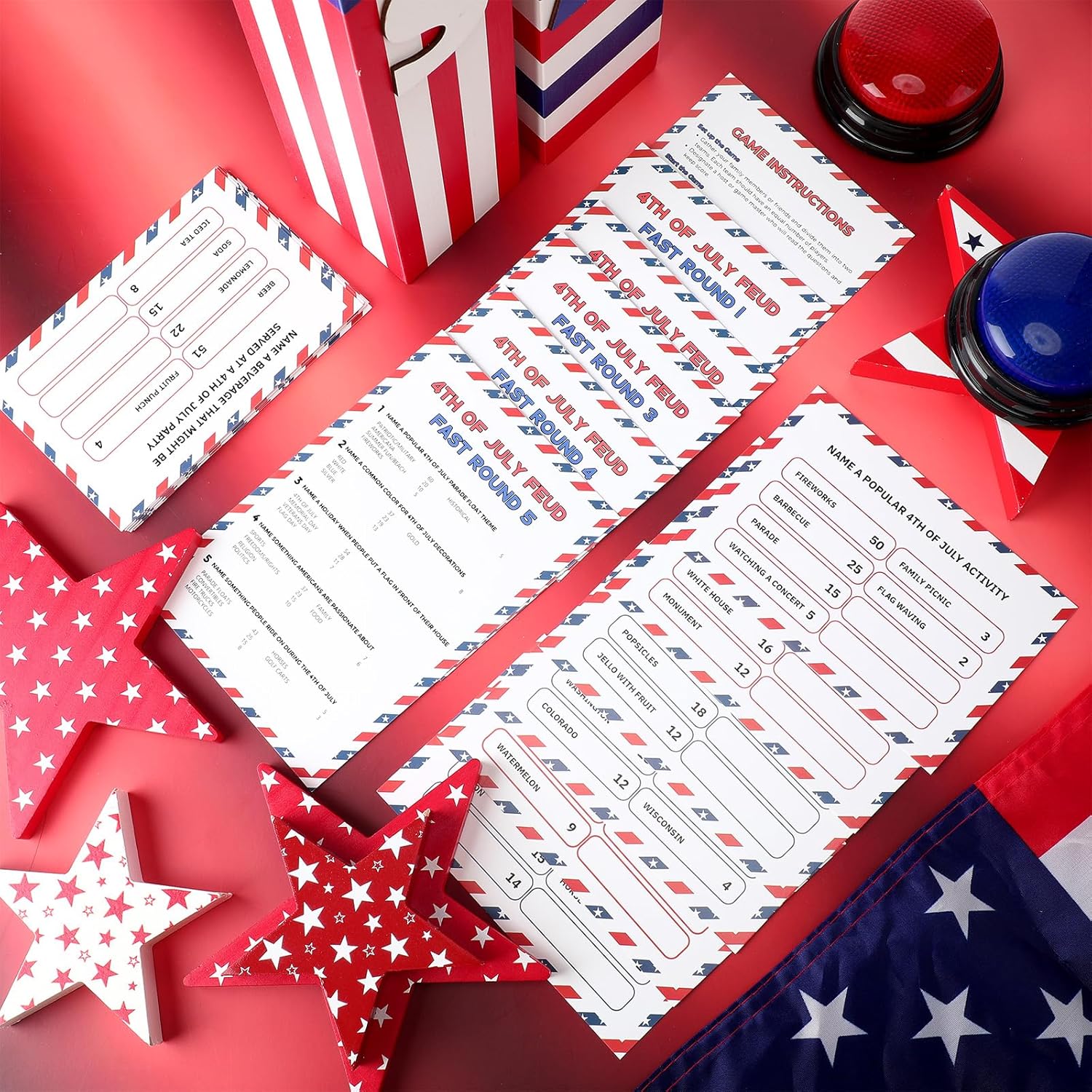 4Th Of July Friendly Feud Game With 2 Answer Buzzers, Independence Day Feud Cards For Family Game Night Fun Trivia Quiz For Party Office Class Groups Team Building (Red White Blue, Patriotic)