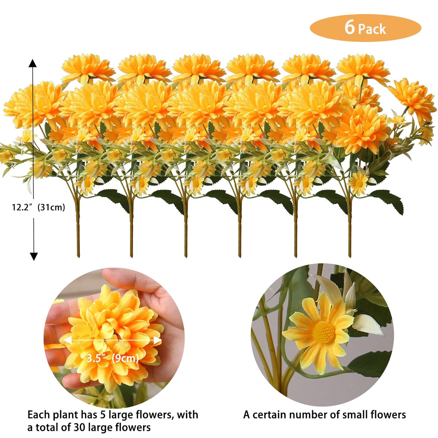 6 Pack Artificial Marigold Silk Flowers Bouquet, Orange Yellow Fake Mums Chrysanthemums, 30 Heads Faux Marigolds For Wedding Indoor Outdoor Vase Table Porch Home Halloween