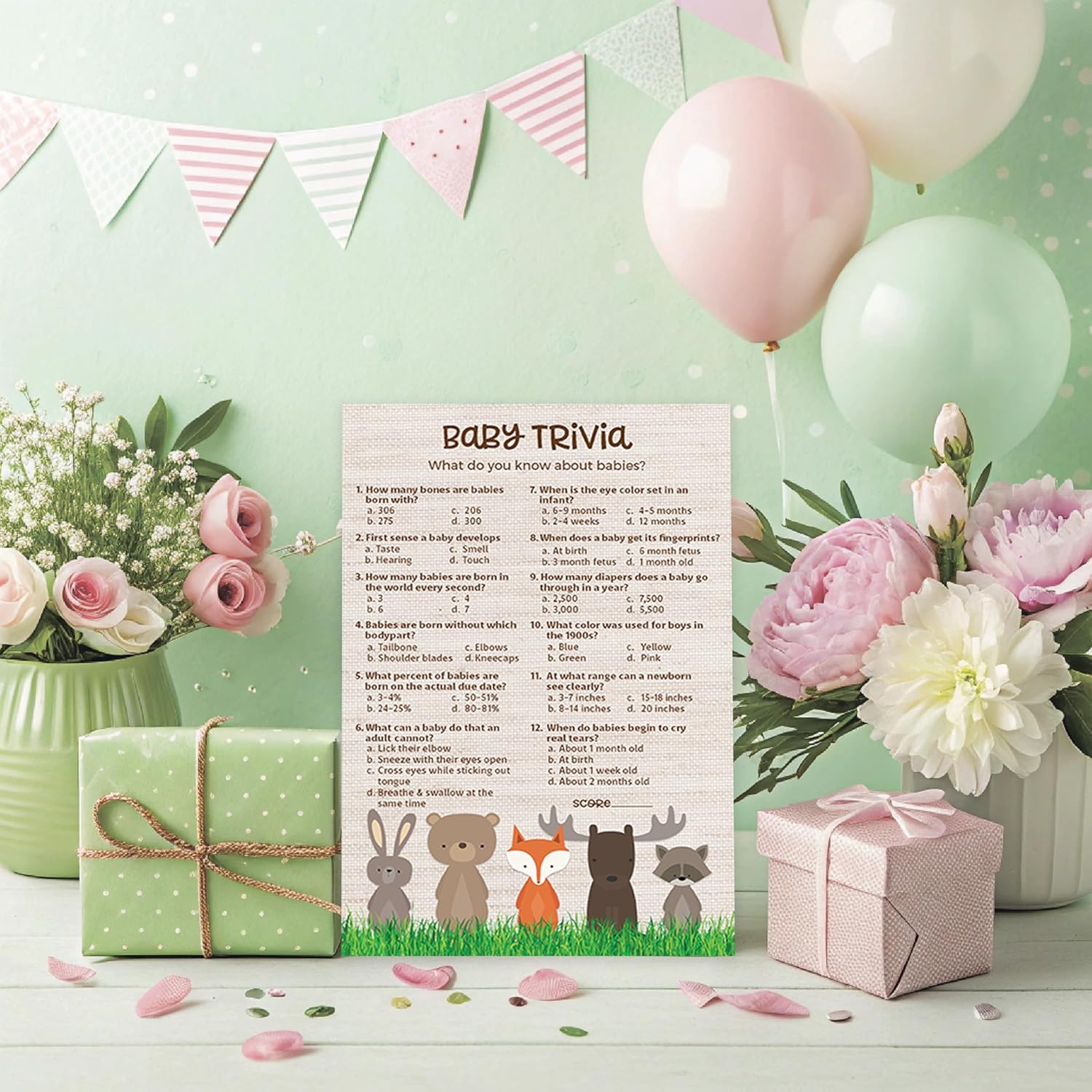 Woodland Animals Baby Shower Games — Baby Trivia Game — Pack Of 25 — Country Rustic Jungle Safari Gender Neutral Activity, Fall Outdoors Couples Shower, Fun Facts G601-Trv
