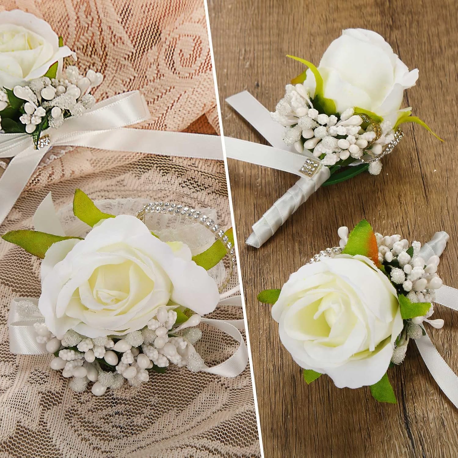 12 Pcs Wedding White Corsage And Boutonniere Set For Bride, Bridesmaid, Includes 6 Artificial Corsage Wristlet And 6 Boutonniere For Men Wedding Wrist Corsage Rose Prom Suit Decorations