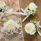 12 Pcs Wedding White Corsage And Boutonniere Set For Bride, Bridesmaid, Includes 6 Artificial Corsage Wristlet And 6 Boutonniere For Men Wedding Wrist Corsage Rose Prom Suit Decorations