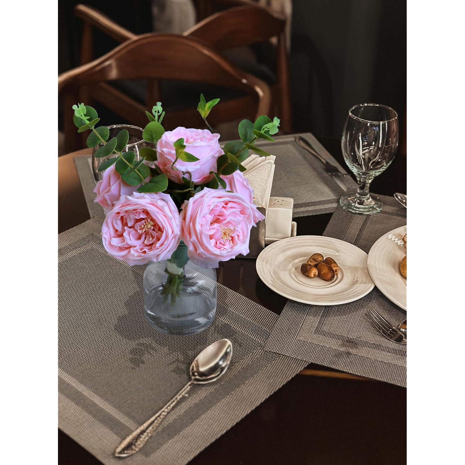 Real Touch Pink Floral Rose Fake Flower Bouquet In Fake Water Silk Flower Arrangements Artificial Flowers With Vase Centerpieces For Center Table Decor Dining Room House Kitchen Decorations