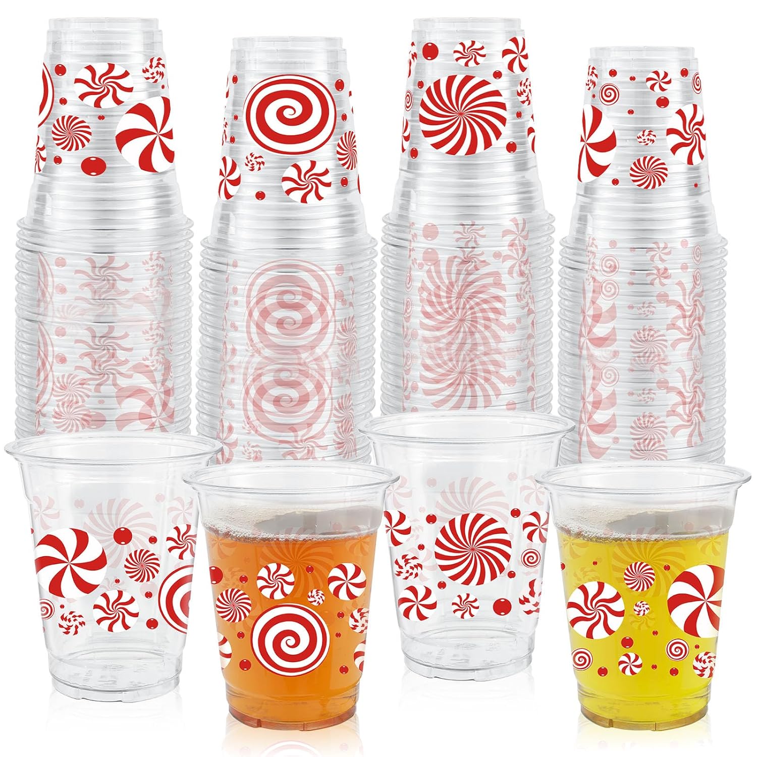50 Pcs 12Oz Christmas Plastic Cups,Red White Christmas Peppermint Candy Cane Disposable Clear Plastic Cups Juice Soda Beverage Party Favors For Merry Xmas Holiday Themed Decorations Supplies