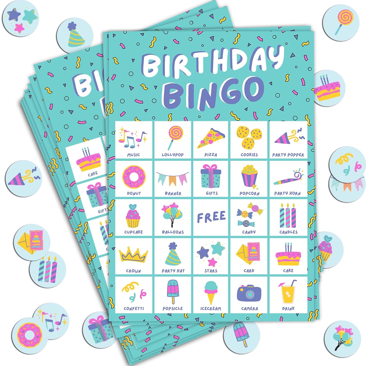 Birthday Bingo Game For Kids Birthday Party Games, Kids Party Games Supplies - 23 Players - Blue