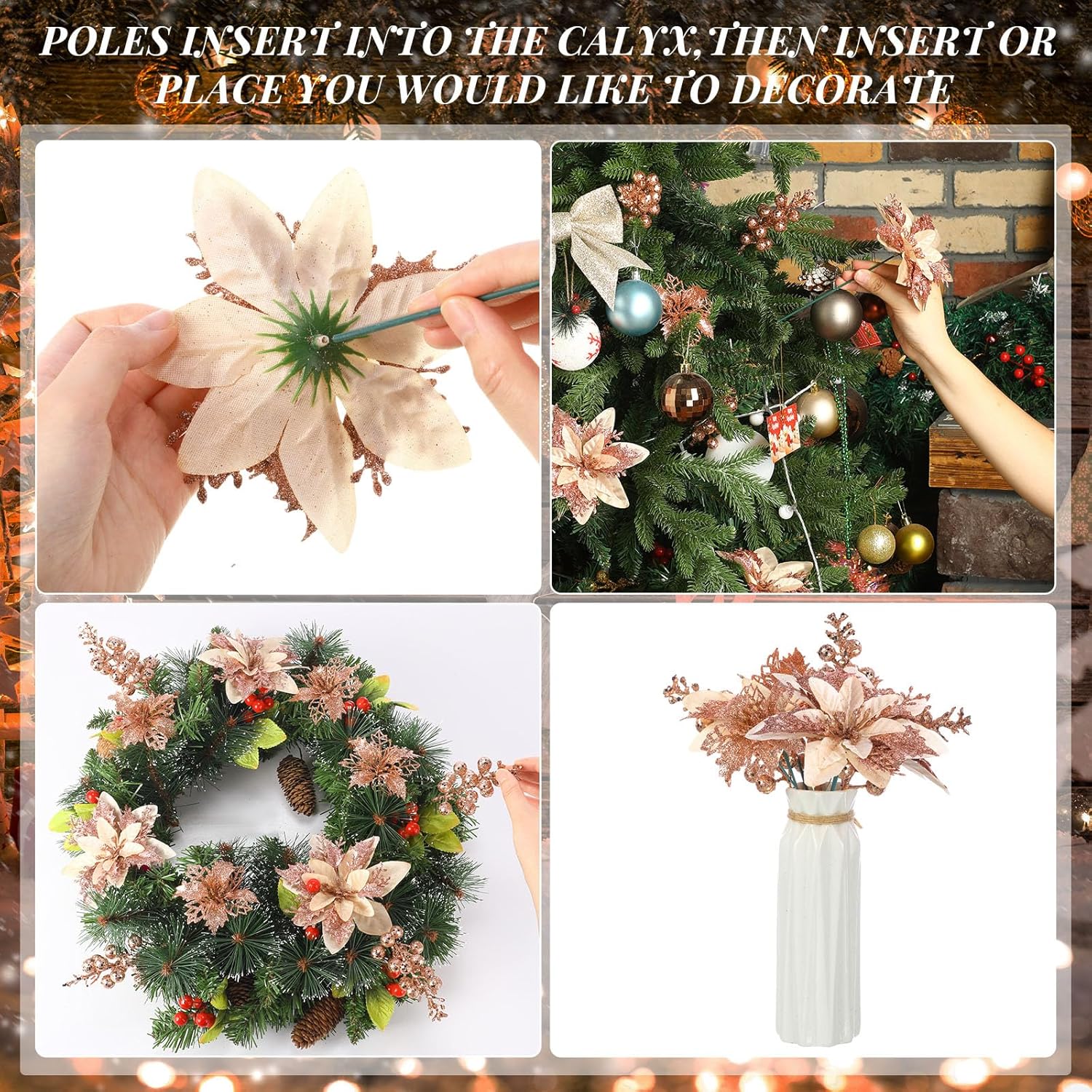 36 Pcs Champagne Poinsettias For Christmas Tree 2 Styles 5.5 4.5 Artificial Flower And 12 Berry Stem Glitter Flower Christmas Decoration Xmas Tree Ornament For Wreath Holiday