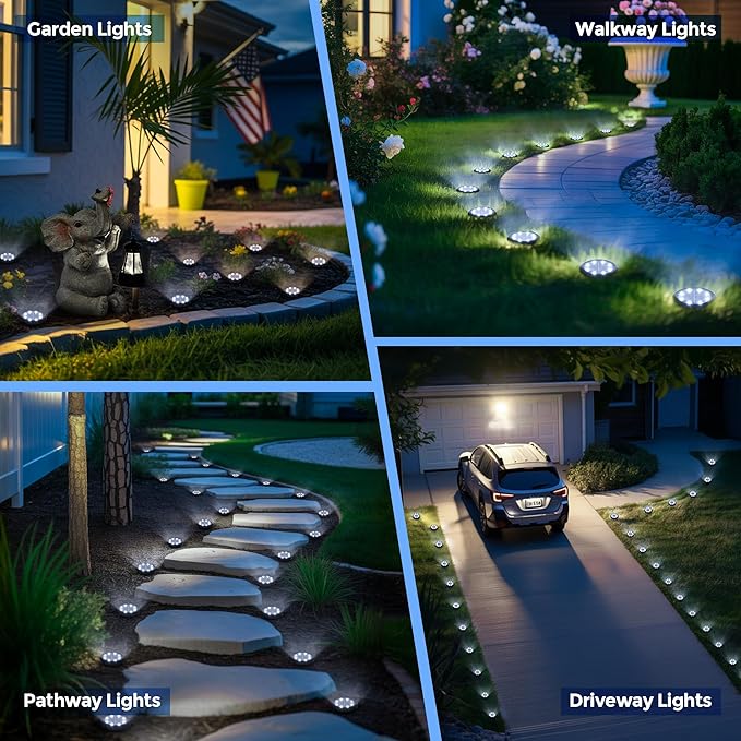 12 Pack Mini Solar Ground Lights Cool White Waterproof Landscape Pathway Lights